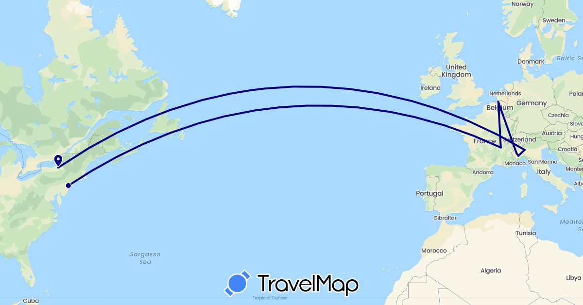 TravelMap itinerary: driving in Belgium, France, Italy, United States (Europe, North America)